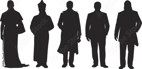 Silhouettes of four individuals in formal attire, showcasing a variety of traditional and modern coat styles on a white background