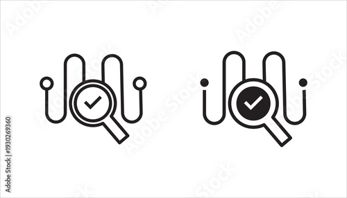 Minimal line icon of magnifying glass with check mark and control sliders. Editable stroke vector illustration symbolizing quality control, inspection, approval, and verification process.
