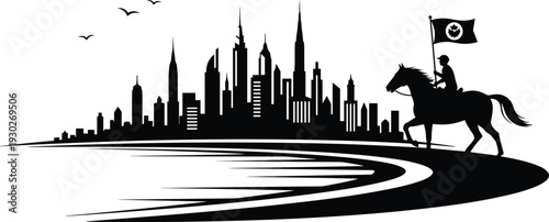 Equestrian rider silhouette with flag against modern city skyline, urban landscape illustration, freedom journey concept, metropolitan background artwork 