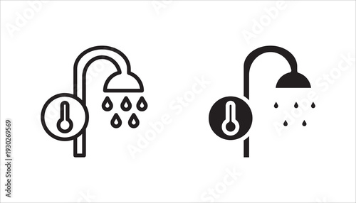 Outline vector icon of shower head with water drops and thermometer symbol. Editable stroke illustration representing water temperature control, bathroom technology, and hygiene concept.