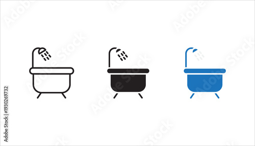 Simple outline icon of a bathtub with shower head and water spray. Clean and modern editable stroke vector illustration for bathroom, hygiene, home interior, and sanitation concepts.