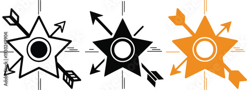 Triad of star symbols with arrows in black white and orange