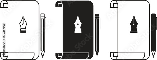 Technical drawing of a mobile phone with fountain pen logo