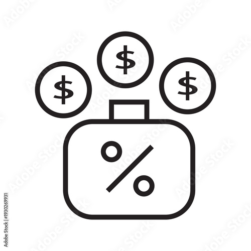 Outline vector icon of percentage symbol on wallet or tag with dollar coins above. Editable stroke illustration representing discount, promotion, sale, finance, and savings concept.