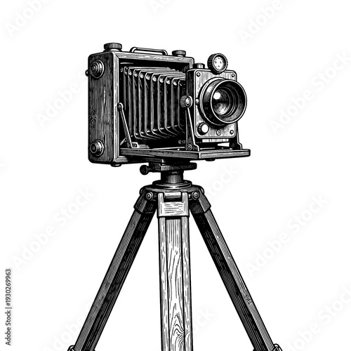 Antique retro bellows camera etching illustration for vintage photography concept