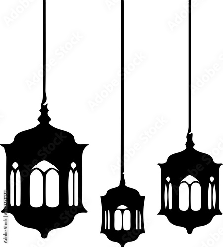 Set of 3 Black Hanging Lanterns Vector Illustration