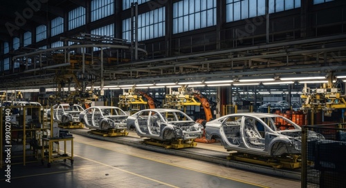 Car manufacturing process in modern automotive factory with robotic assembly line