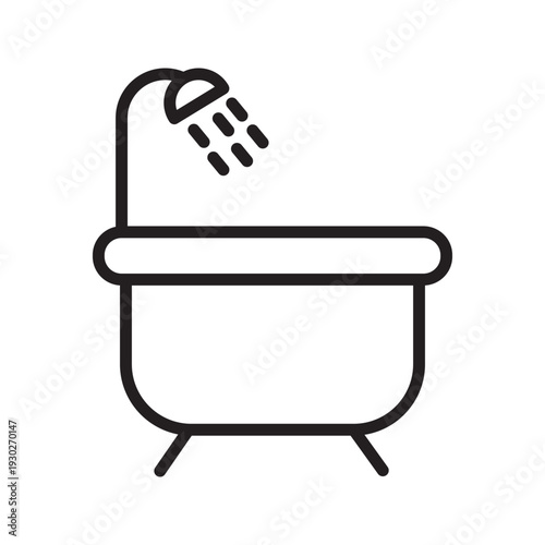 Simple outline icon of a bathtub with shower head and water spray. Clean and modern editable stroke vector illustration for bathroom, hygiene, home interior, and sanitation concepts.