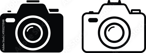 Digital DSLR camera icons set in solid and outline style isolated on white background for photography logo cad drawing flat vector illustration