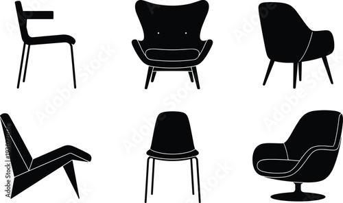 Modern chair silhouette icons set, various mid century furniture designs for interior decor and home office styling, flat vector illustration.