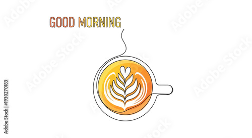 Good Morning Coffee Art - Top View of Latte with Heart and Leaf Design