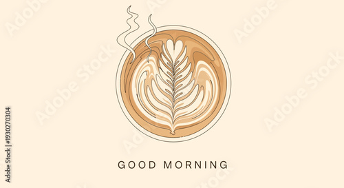 Good Morning Coffee Art: Steaming Latte with Heart Design and Text