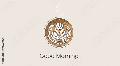 Good Morning Coffee Art: Steaming Latte with Heart Pattern and Text