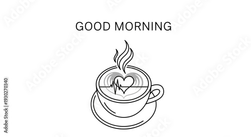 Good Morning Coffee Cup with Heart and EKG Line Art, Steam, White Background