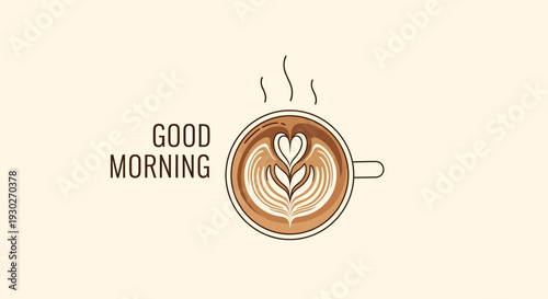 Good Morning Coffee Cup with Heart Latte Art and Steam