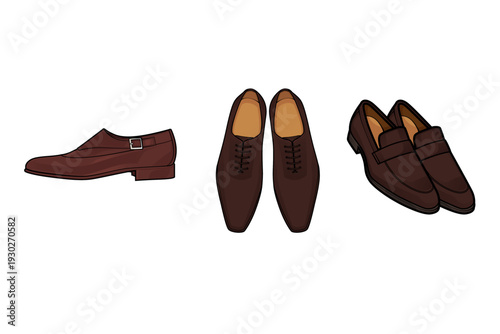 Colored vector illustration bundle of classic brown leather men's formal shoes. Includes single monk strap, top view oxfords, and penny loafers. Perfect for gentleman fashion and retail catalogs.