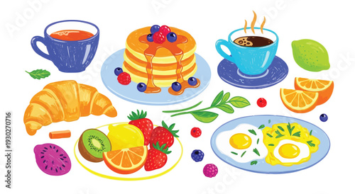 Bright colored drawing of morning breakfast items vector