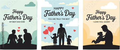 Happy Father's Day greeting card collection with dad and children silhouettes in nature cad drawing flat vector illustration