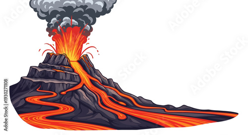 Volcano Eruption Illustration Showing Flowing Lava and Smoke Plumes Ascending From Mountain Peak