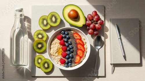 Healthy breakfast bowl with fresh fruits, avocado, and a bottle of water, perfect for a balanced diet.