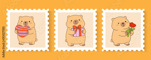 cute Seamless Pattern Capybara Cupid background set. Cute cartoon Kawaii bear Valentine or birthday card, poster, banner hand drawn doodle collection in pastel brown color