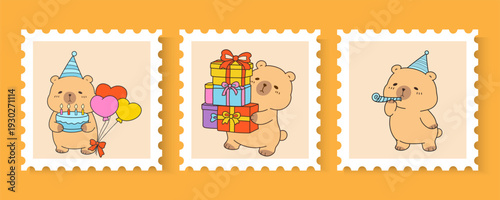 cute Seamless Pattern Capybara Cupid background set. Cute cartoon Kawaii bear Valentine or birthday card, poster, banner hand drawn doodle collection in pastel brown color