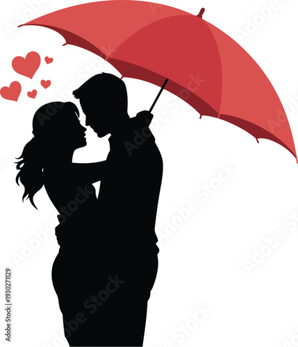 A romantic couple sharing a kiss under a red umbrella
