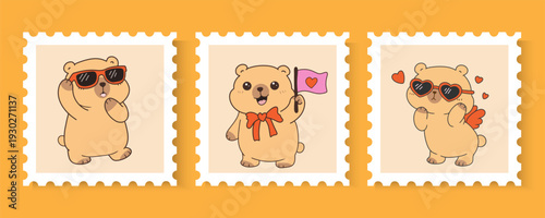 cute Seamless Pattern Capybara Cupid background set. Cute cartoon Kawaii bear Valentine or birthday card, poster, banner hand drawn doodle collection in pastel brown color