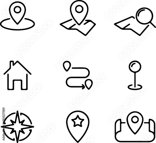 Set of 9 location and navigation outline icons vector
