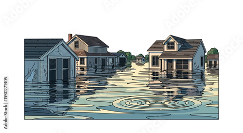 Houses reflected in flooded streets, showing ripples and water damage after a severe weather event or natural disaster