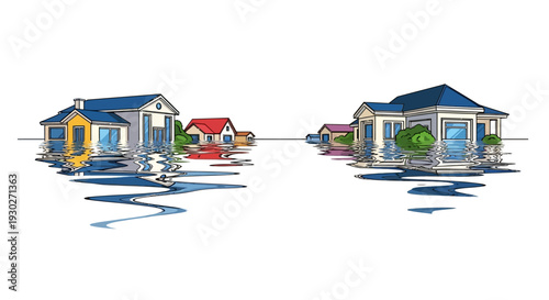 Suburban street with houses reflected in water due to flooding, suggesting environmental concerns or natural disaster impact
