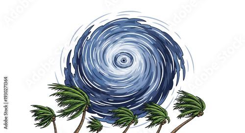 Illustration of a powerful hurricane with strong winds bending palm trees, symbolizing natural disaster and extreme weather conditions