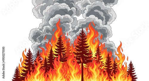 Devastating illustration of a raging forest fire consuming a dense pine tree landscape, with intense orange flames and billowing grey smoke, symbolizing environmental destruction