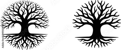 Black and white vector icon set showing two different styles of virtual reality headsets and tools