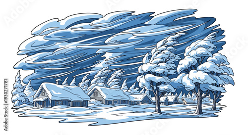 Winter storm ravages a snow-covered village with strong winds and heavy snowfall creating a dramatic and harsh weather scene