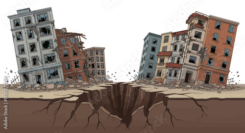 Dramatic illustration depicting a city devastated by a powerful earthquake, with buildings crumbling and a massive chasm splitting the ground in a scene of catastrophic urban destruction