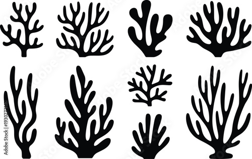 Set of coral reef silhouettes underwater sea plant icons cad drawing flat vector illustration marine life nature elements