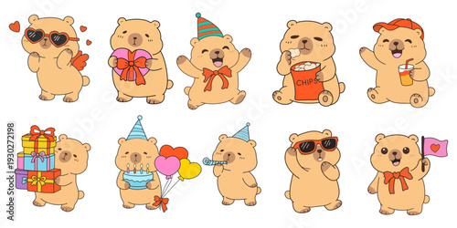 cute Seamless Pattern Capybara Cupid background set. Cute cartoon Kawaii bear Valentine or birthday card, poster, banner hand drawn doodle collection in pastel brown color