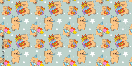 cute Seamless Pattern Capybara Cupid background set. Cute cartoon Kawaii bear Valentine or birthday card, poster, banner hand drawn doodle collection in pastel brown color