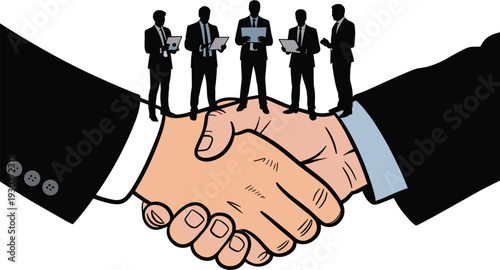 Business partnership handshake with corporate team standing above, collaboration and agreement concept illustration isolated on white background