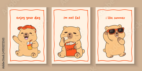 cute Seamless Pattern Capybara Cupid background set. Cute cartoon Kawaii bear Valentine or birthday card, poster, banner hand drawn doodle collection in pastel brown color