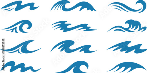 Abstract Blue Ocean Waves Collection Set, Hand Drawn Water Swirl Splash Elements Isolated on White Background