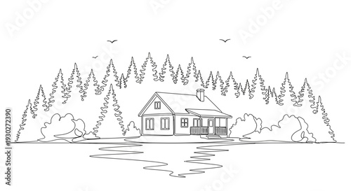 Cozy Cabin by Lake in Forest, Reflection in Water, Nature Landscape Drawing