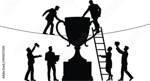 Business team achieving success together, professionals climbing giant trophy, leadership teamwork concept silhouette isolated on white background
