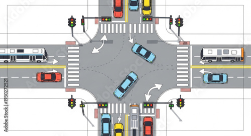 Busy Roundabout with Cars and Pedestrians.