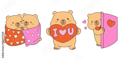 cute Seamless Pattern Capybara Cupid background set. Cute cartoon Kawaii bear Valentine or birthday card, poster, banner hand drawn doodle collection in pastel brown color
