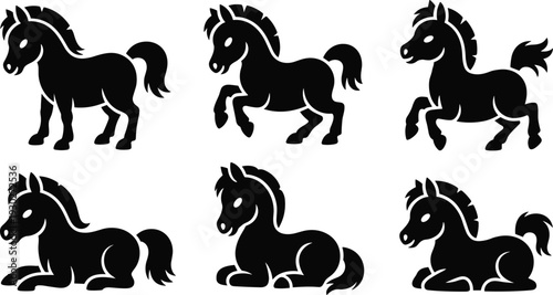Cute horse silhouette collection, cartoon pony standing running and sitting poses, black vector illustration isolated on white background