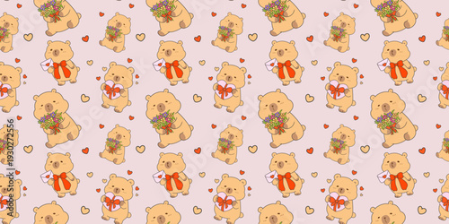 cute Seamless Pattern Capybara Cupid background set. Cute cartoon Kawaii bear Valentine or birthday card, poster, banner hand drawn doodle collection in pastel brown color
