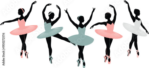 Set of five ballerina silhouettes in colorful tutus dancing, cad drawing flat vector illustration, graceful ballet dancers group