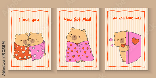 cute Seamless Pattern Capybara Cupid background set. Cute cartoon Kawaii bear Valentine or birthday card, poster, banner hand drawn doodle collection in pastel brown color